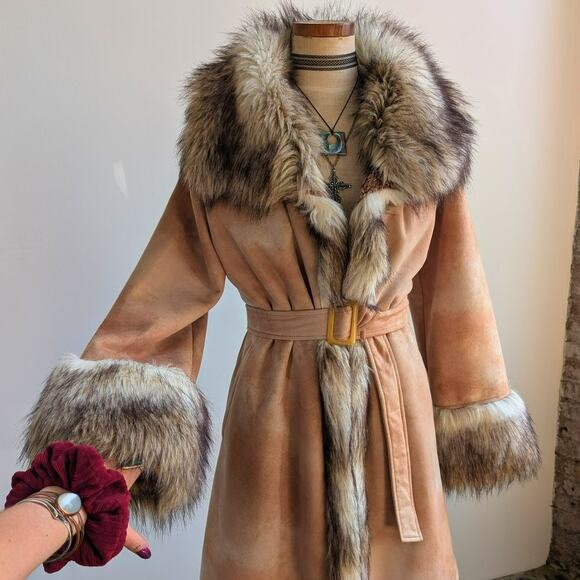 Vintage Brown Vegan Suede Penny Lane Jacket Y2K Tan Faux Fur Afghan Coat Small - Picture 6 of 10